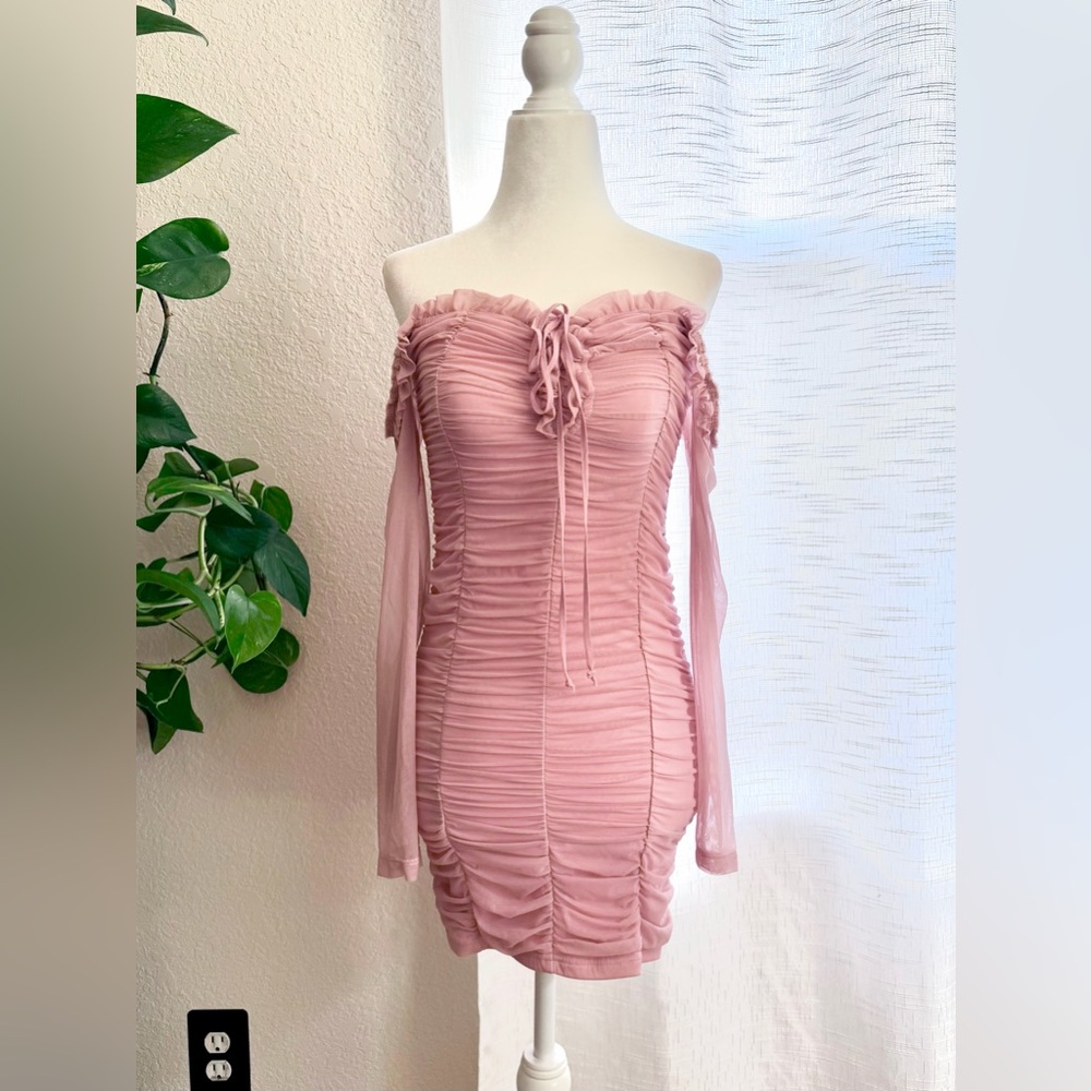 Fashion Nova Off the Shoulder Mauve Mesh Bodycon Mini Dress